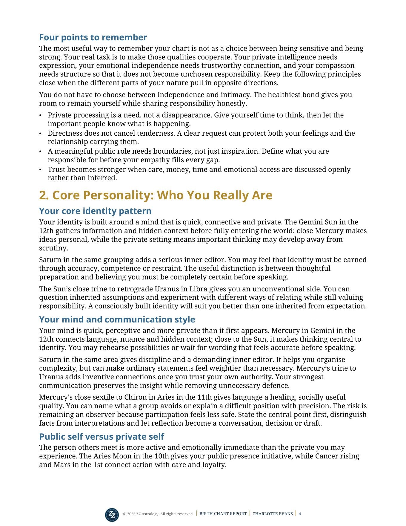 Birth Chart Report sample page showing Core Personality: Who You Really Are