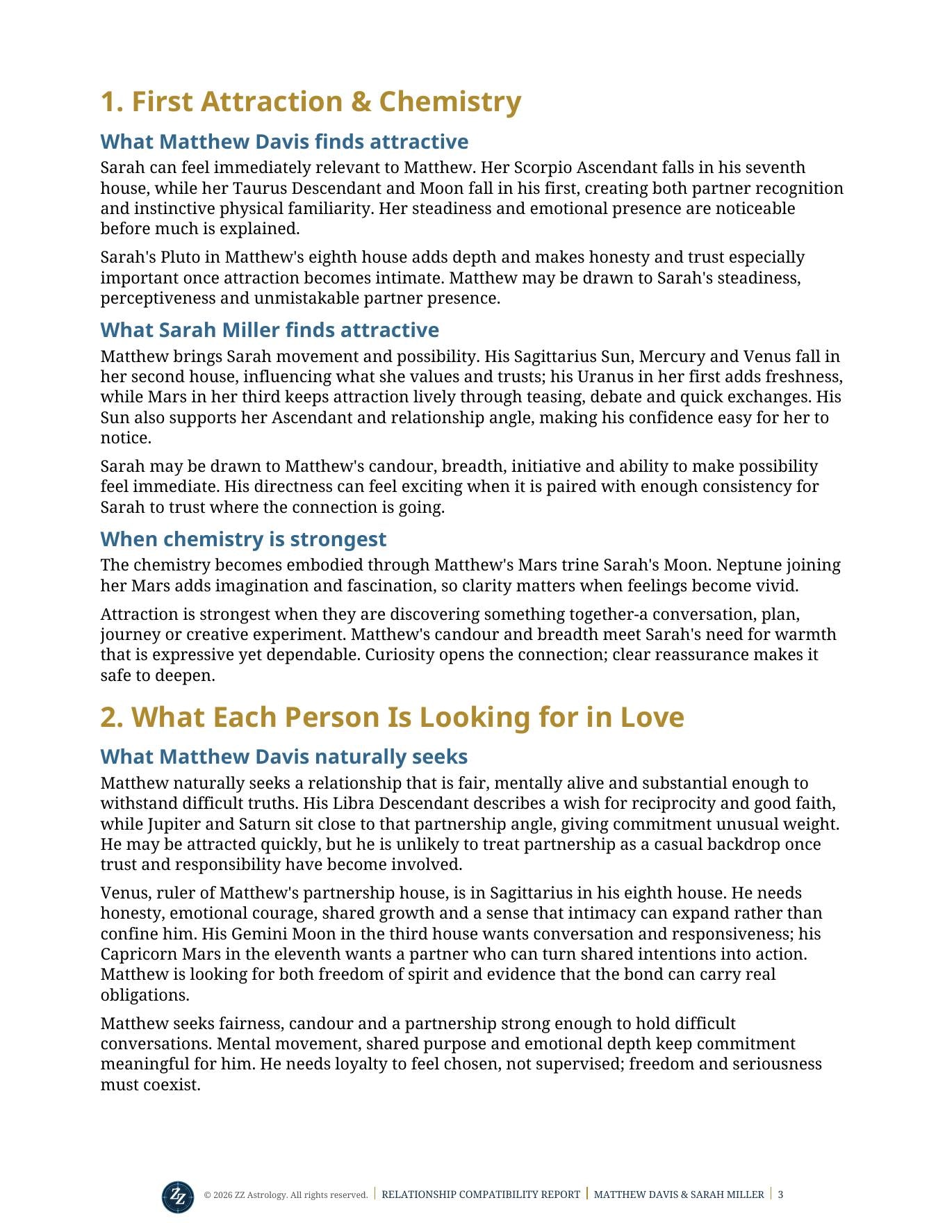 Relationship Compatibility sample page showing First Attraction & Chemistry