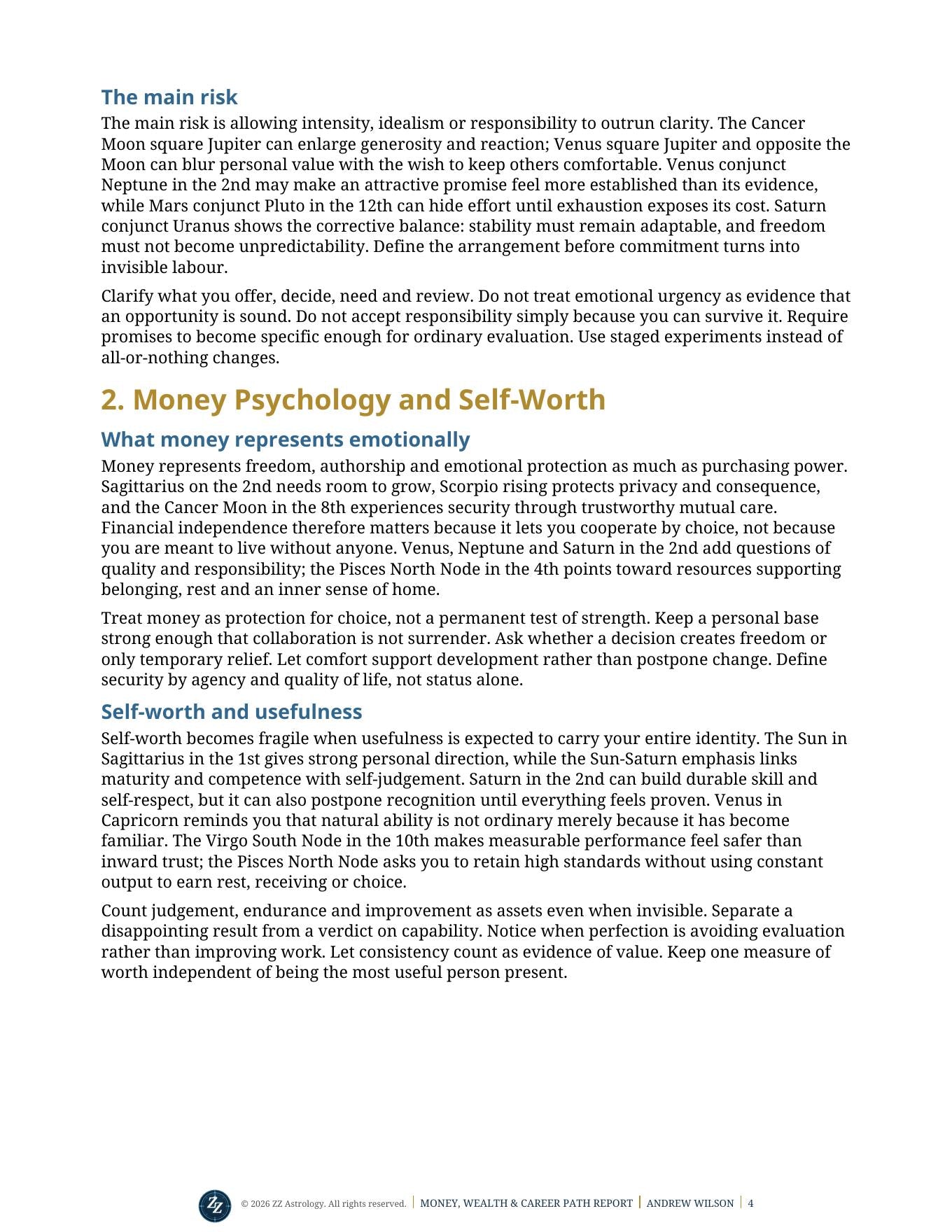 Money Wealth and Career Path sample page showing Money Psychology and Self-Worth